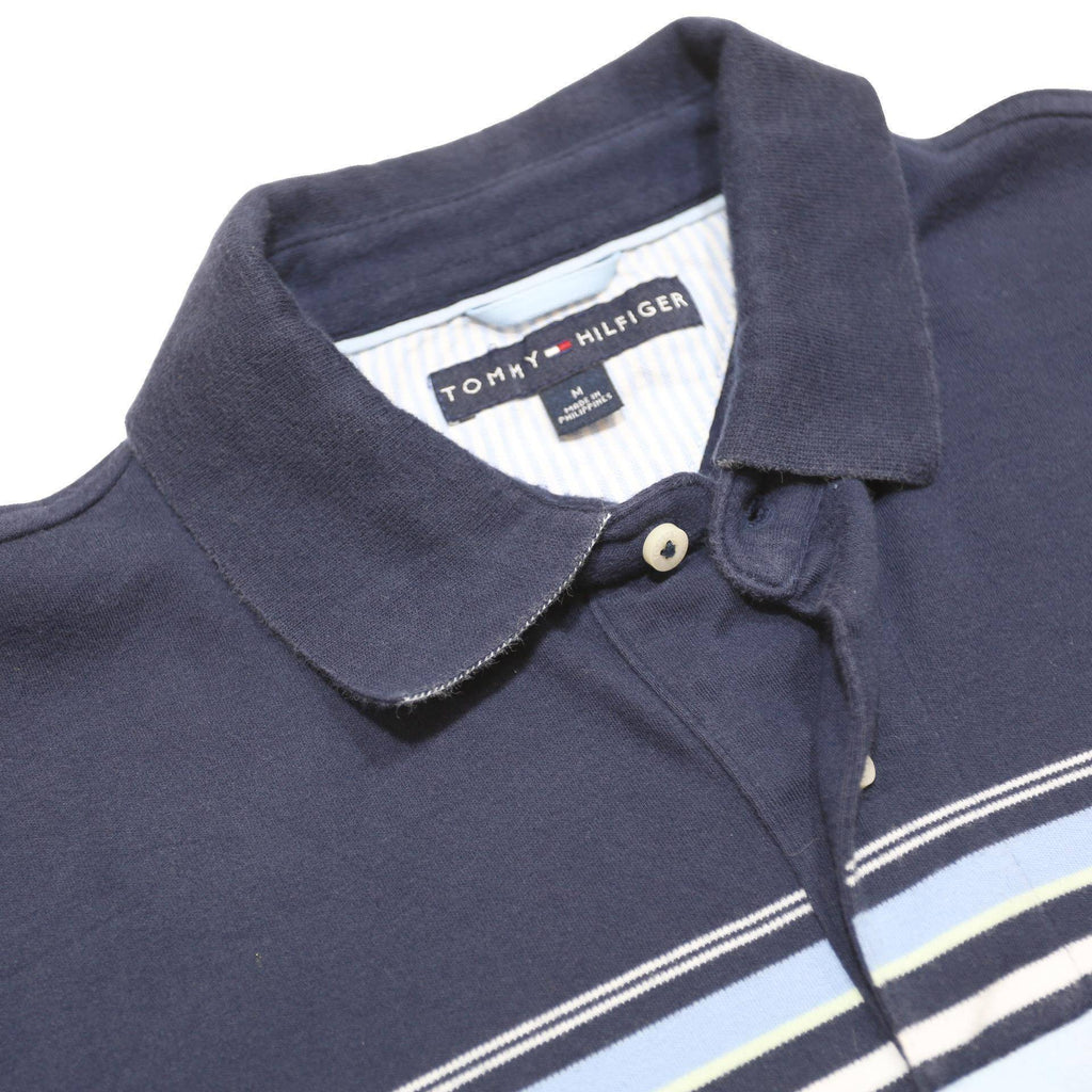 TOMMY HILFIGER Mens Navy Blue Striped Polo Shirt M Cotton Casual Classic