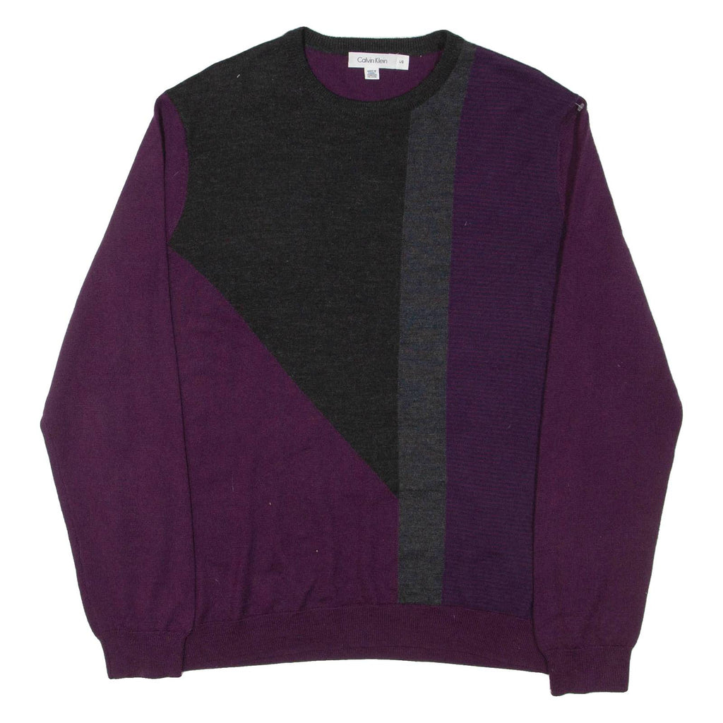 CALVIN KLEIN Mens Patterned Jumper Purple Colourblock Tight Knit Wool L