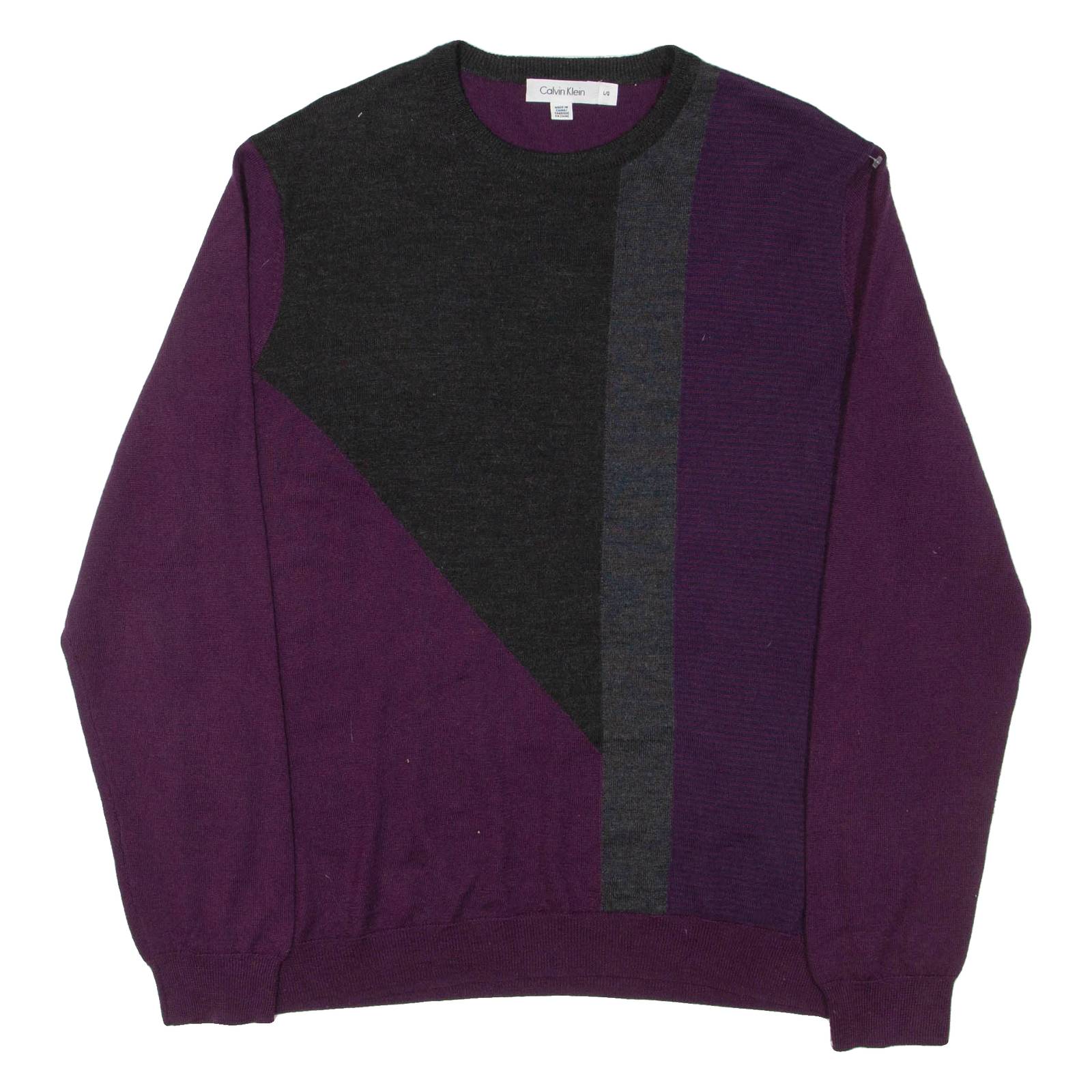 CALVIN KLEIN Mens Patterned Jumper Purple Colourblock Tight Knit Wool L