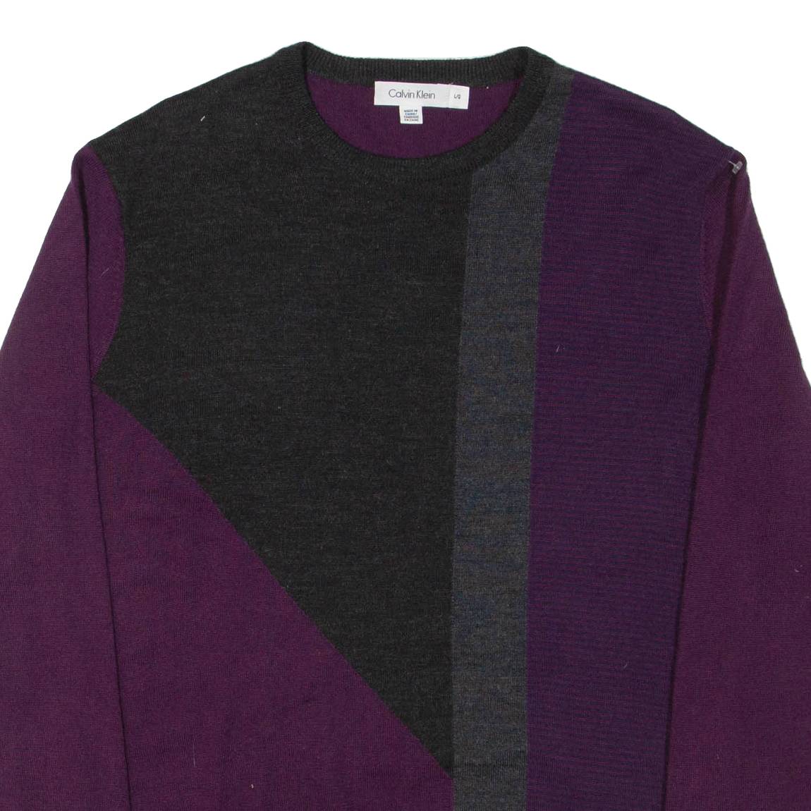 CALVIN KLEIN Mens Patterned Jumper Purple Colourblock Tight Knit Wool L