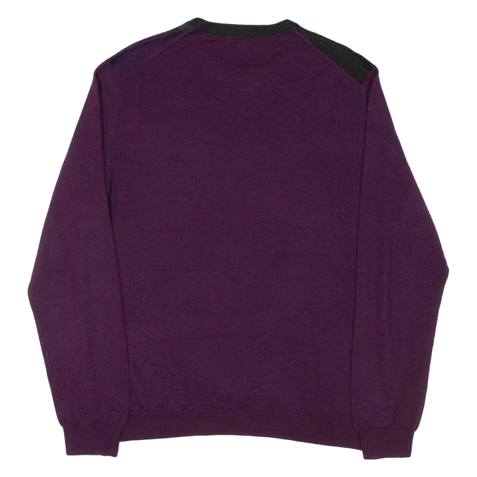 CALVIN KLEIN Mens Patterned Jumper Purple Colourblock Tight Knit Wool L