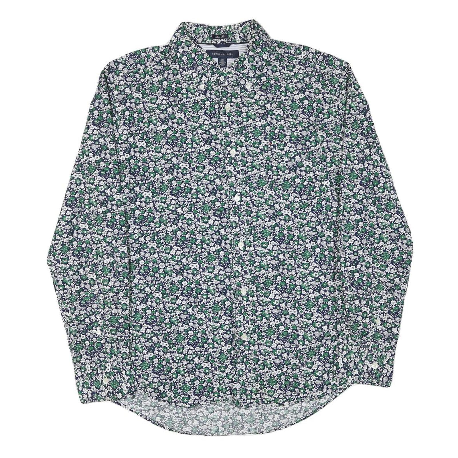 TOMMY HILFIGER Mens Green & White Floral Pattern Shirt L Cotton Blend Casual