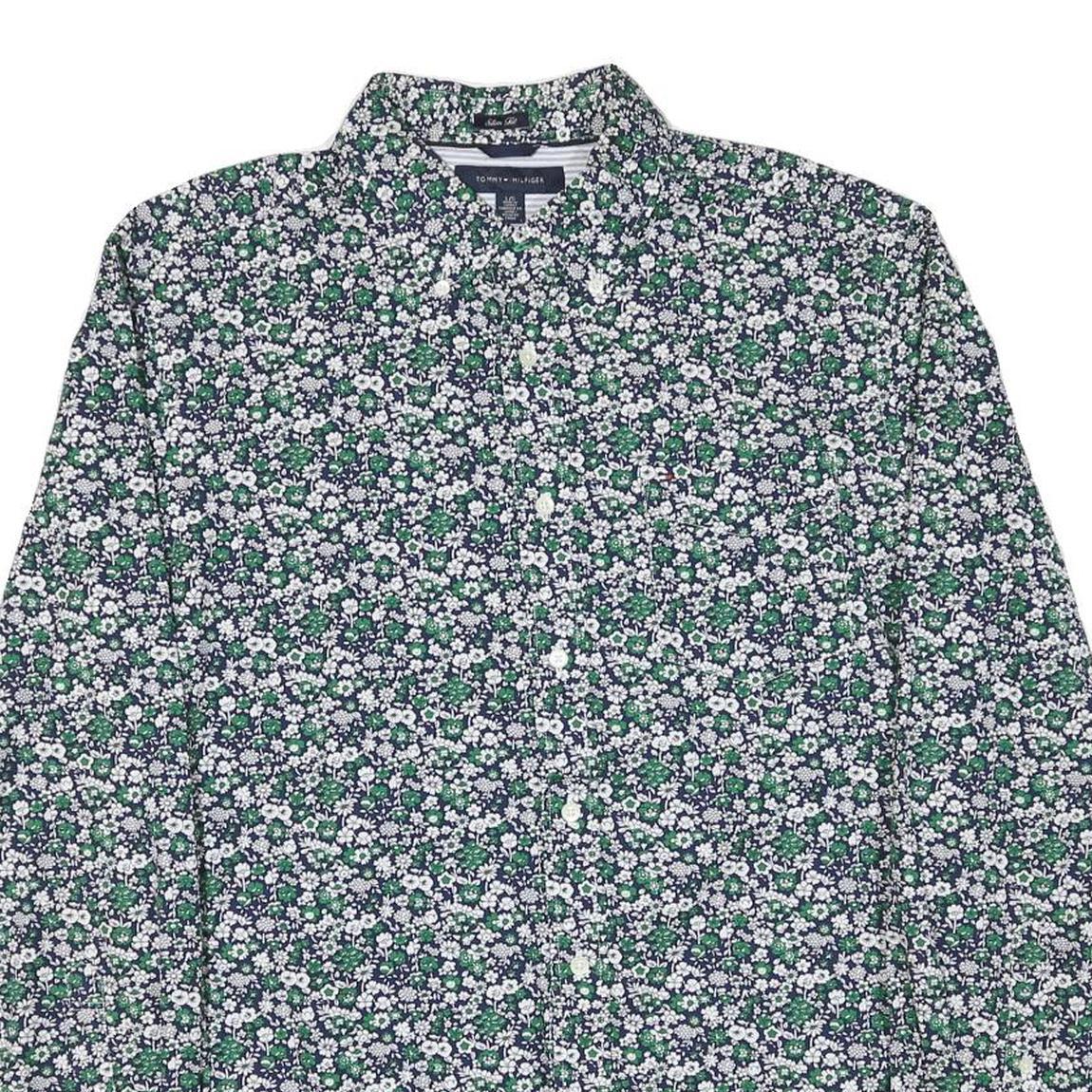 TOMMY HILFIGER Mens Green & White Floral Pattern Shirt L Cotton Blend Casual
