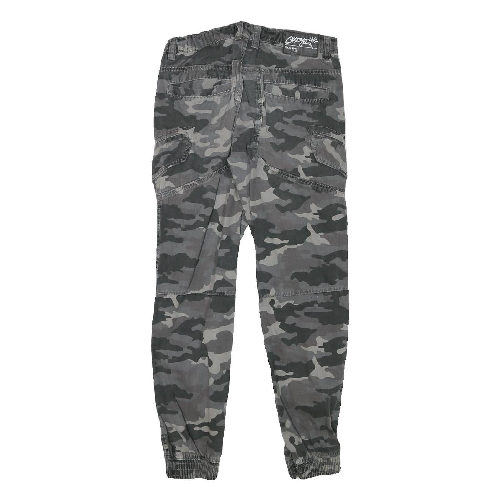 Mens Cotton Blend Slim Fit Grey Camouflage Cargo Trousers W26 L27 Casual Zip
