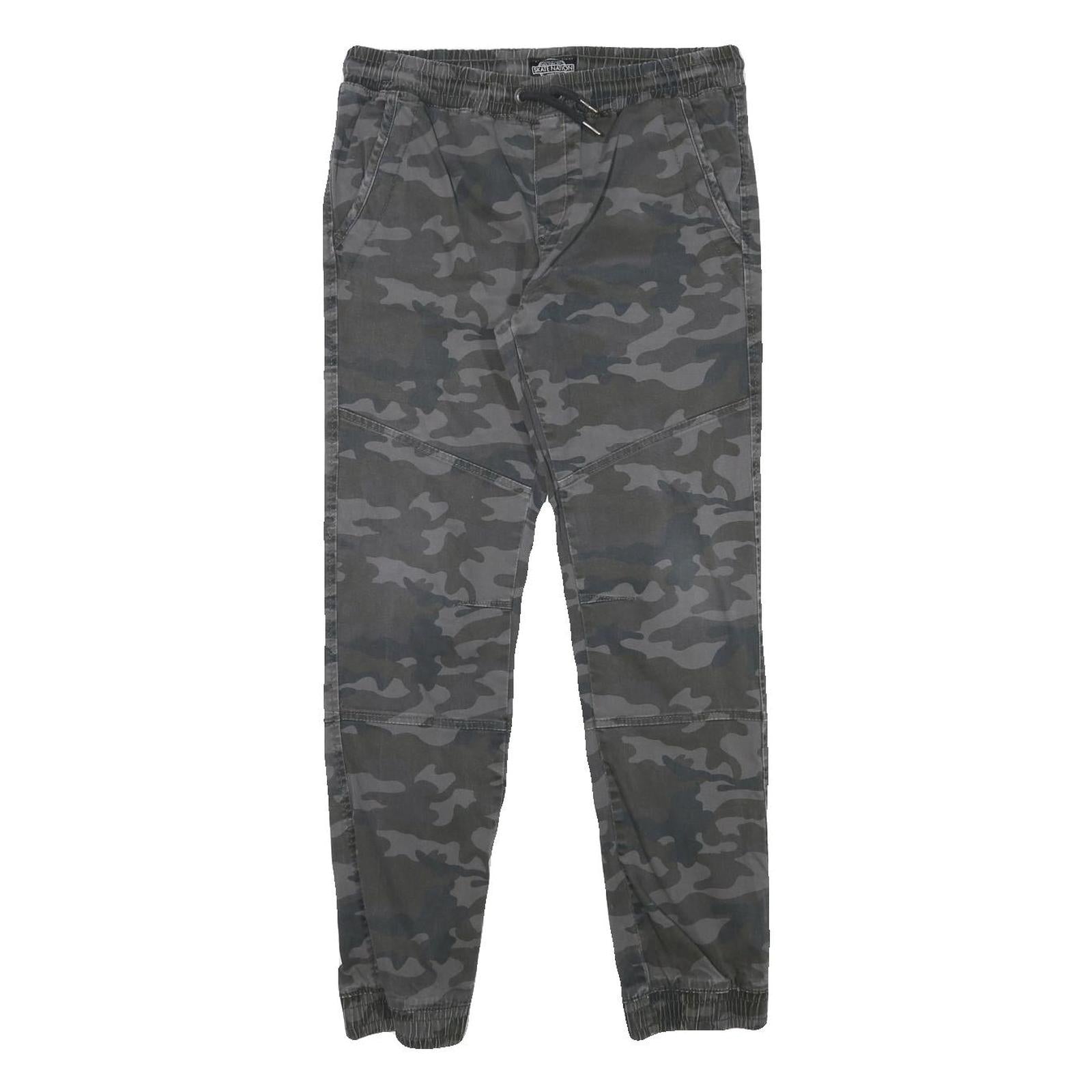 SKATE NATION Mens Slim Drawstring Cotton Blend Grey Camouflage Trousers W29 L28