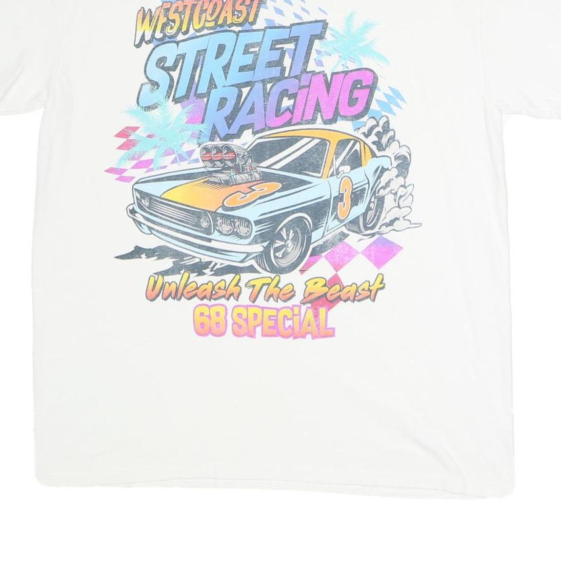 DOM Mens White Street Racing Graphic T-Shirt L Short Sleeve Crew Neck Racing Car