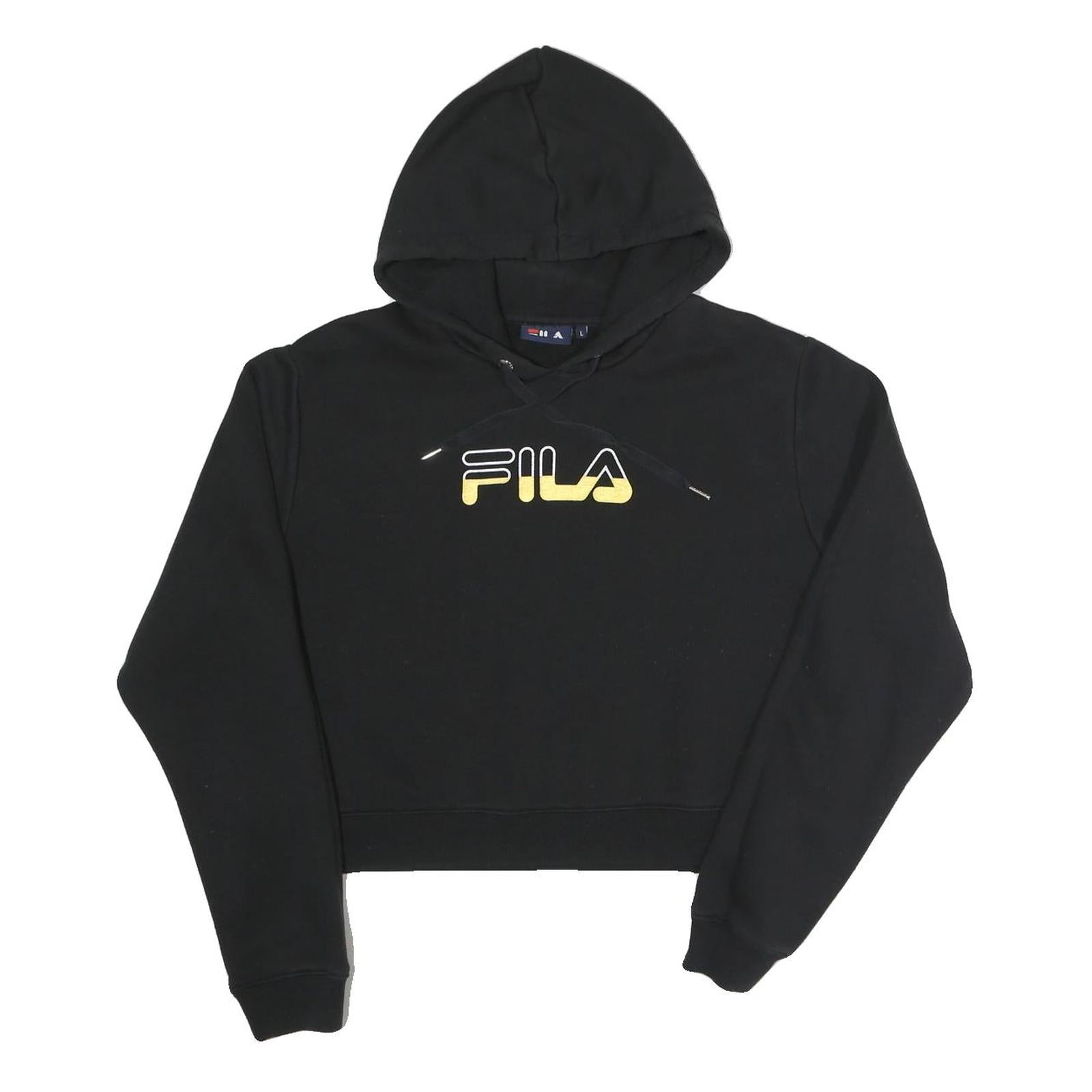 FILA Womens Black Hoodie L Cotton Blend Pullover Cropped Sweatshirt