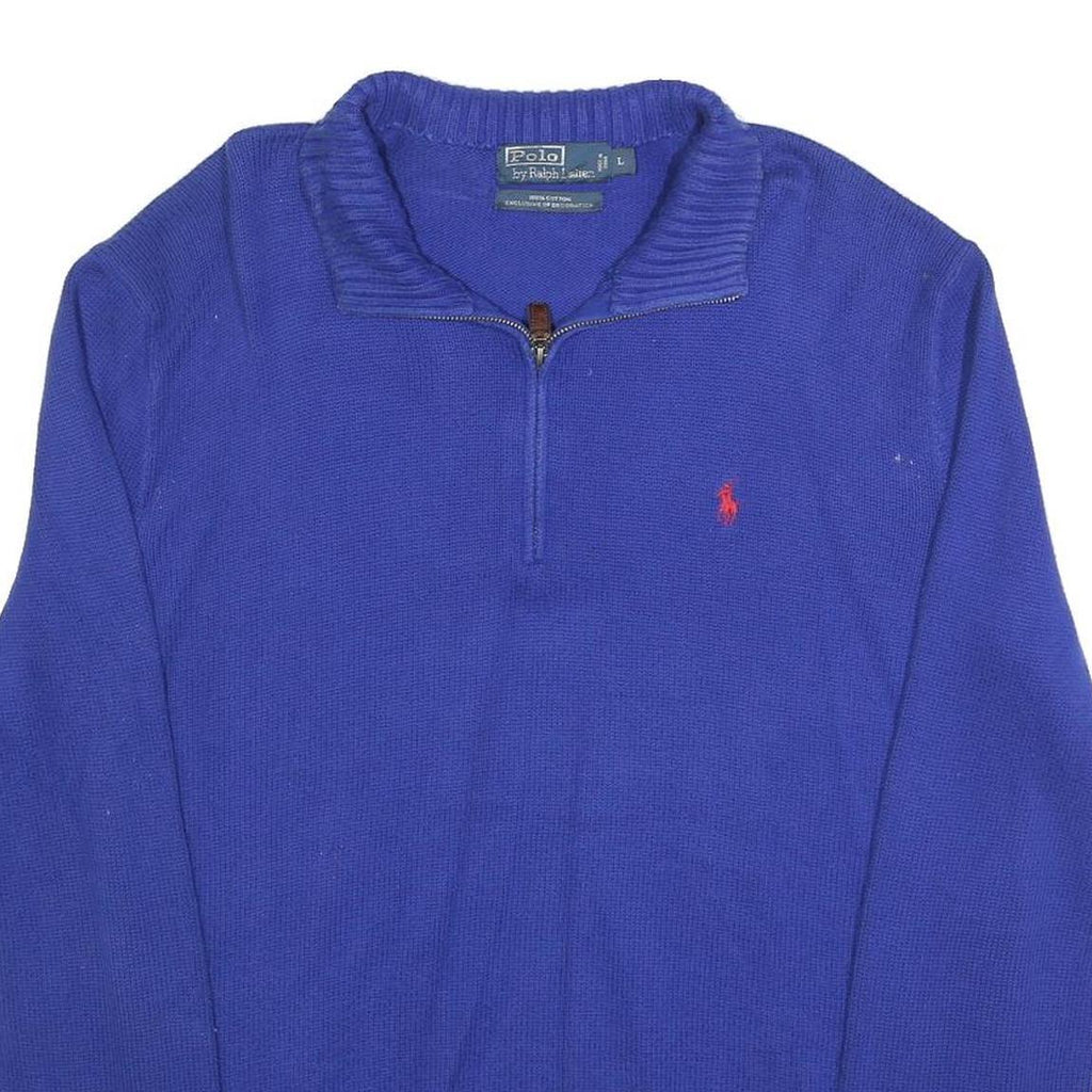 POLO RALPH LAUREN Mens Blue Jumper Plain 1/4 Zip Crew Neck Cotton L Stylish