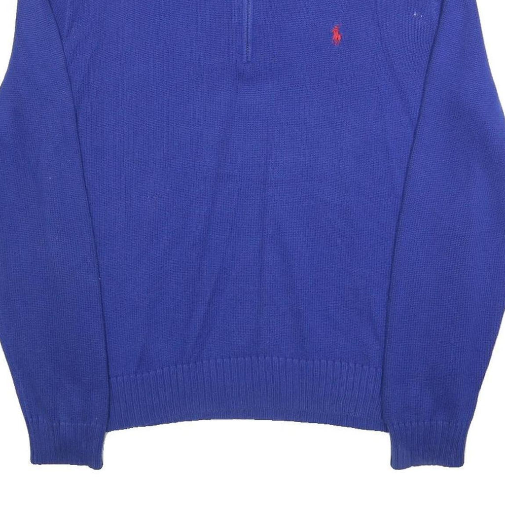POLO RALPH LAUREN Mens Blue Jumper Plain 1/4 Zip Crew Neck Cotton L Stylish