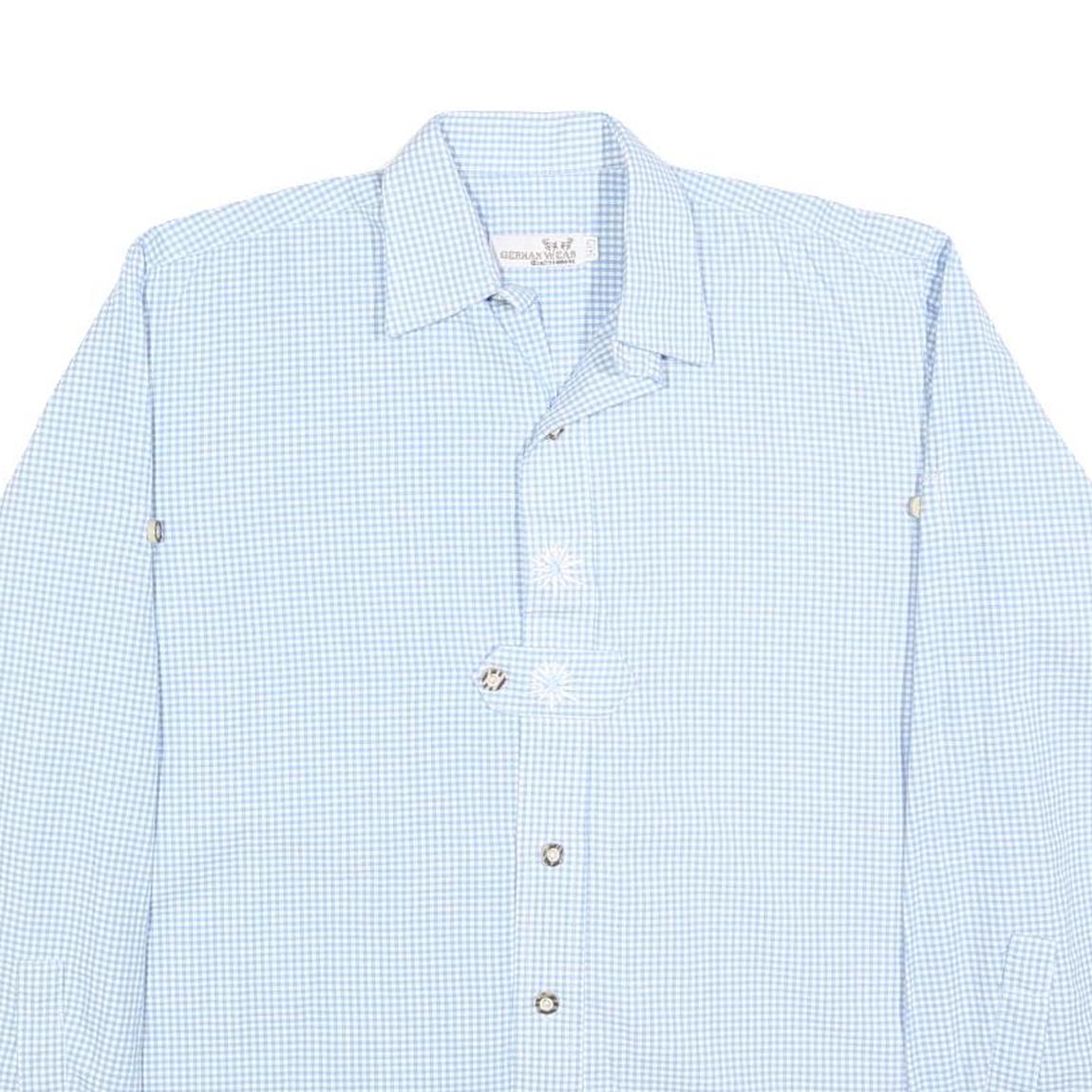 GERMAN WEAR Mens Blue Checked Shirt M Classic Fit Long Sleeve Button Fastening