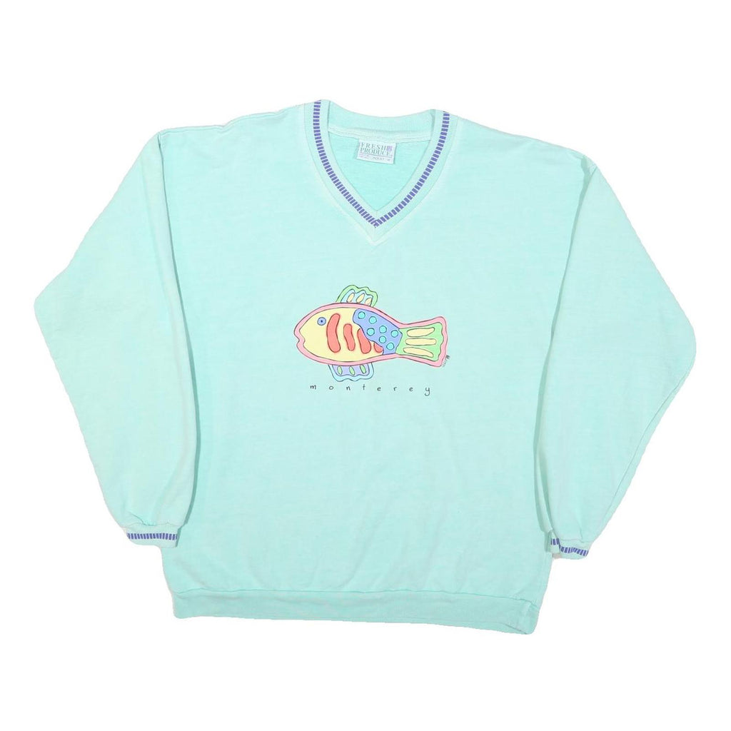 FRESH PRODUCE Womens Blue V-Neck M Cotton Blend Sweatshirt Fish Graphic