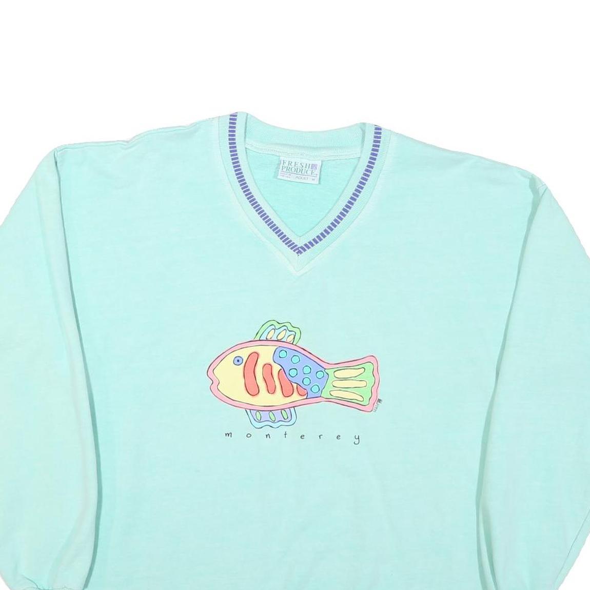 FRESH PRODUCE Womens Blue V-Neck M Cotton Blend Sweatshirt Fish Graphic