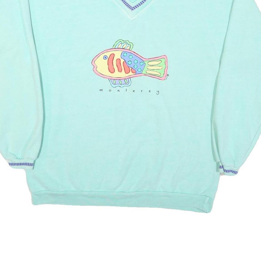 FRESH PRODUCE Womens Blue V-Neck M Cotton Blend Sweatshirt Fish Graphic