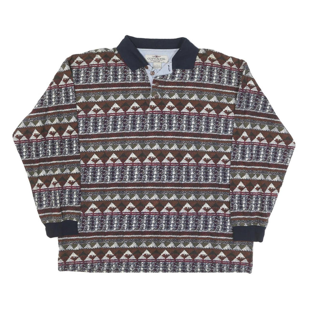COTTON MILL Mens Brown & Green Patterned Long Sleeve Polo Shirt L Cotton Blend