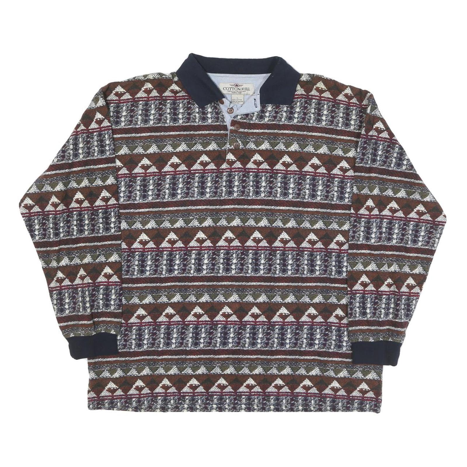 COTTON MILL Mens Brown & Green Patterned Long Sleeve Polo Shirt L Cotton Blend