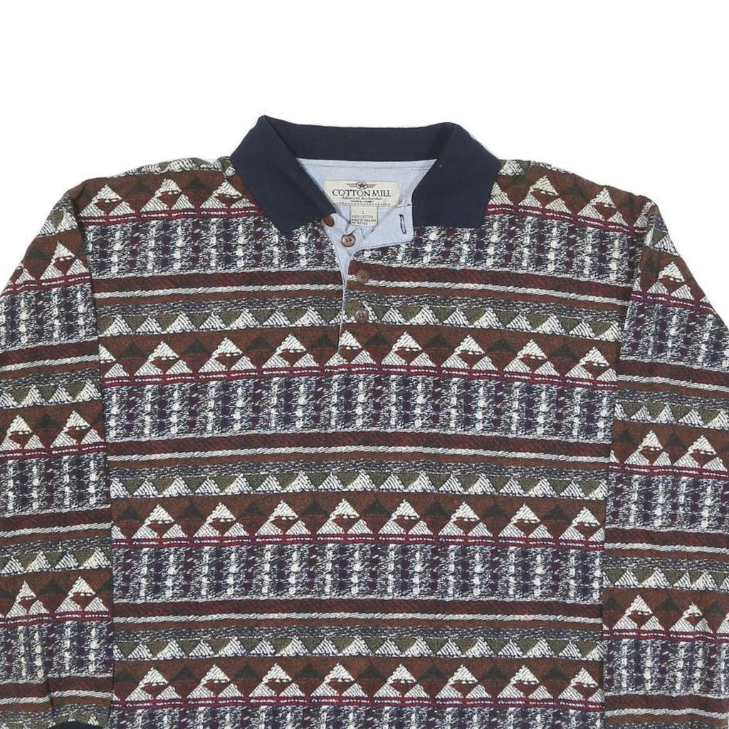 COTTON MILL Mens Brown & Green Patterned Long Sleeve Polo Shirt L Cotton Blend