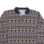 COTTON MILL Mens Brown & Green Patterned Long Sleeve Polo Shirt L Cotton Blend