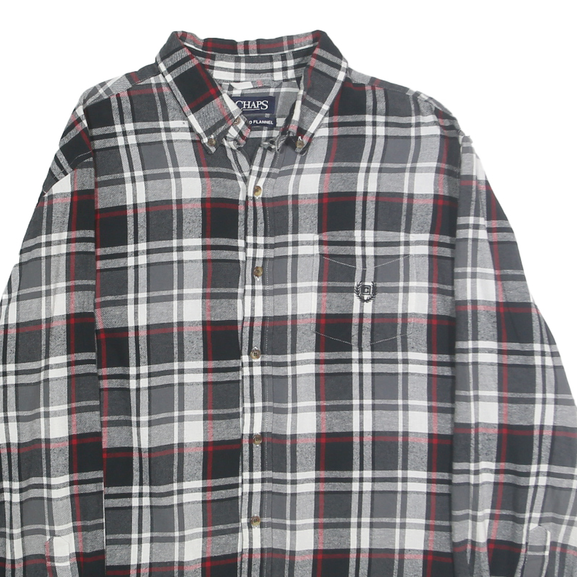 CHAPS Mens Black & Grey Check Flannel Shirt L Button-Down Casual Cotton