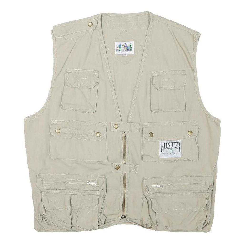 HUNTER SPORT Mens Beige Cotton Blend Utility Vest L Multi Pocket Zip Casual