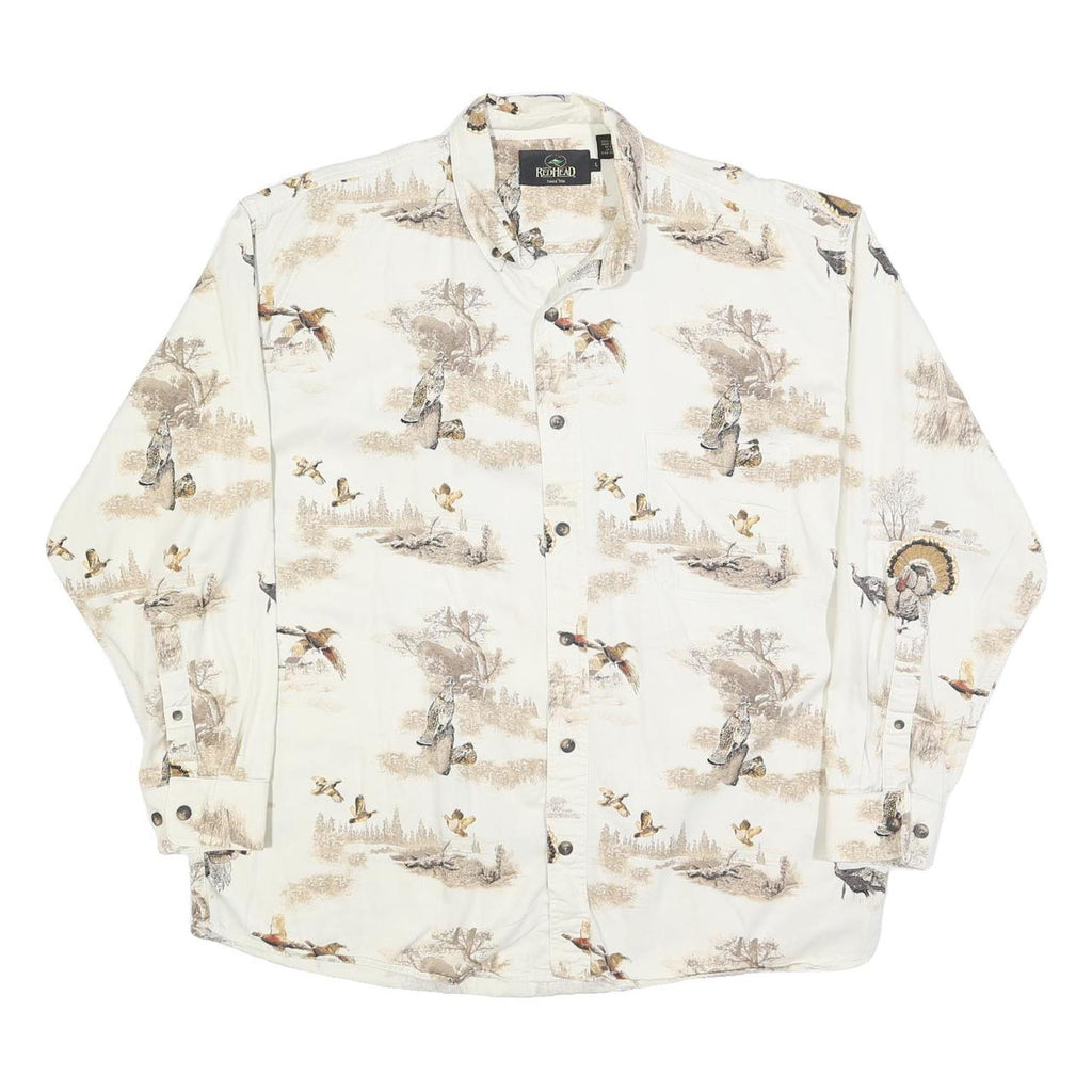 RED HEAD Mens White Beige Hunting Print Shirt L Cotton Blend Long Sleeve Casual