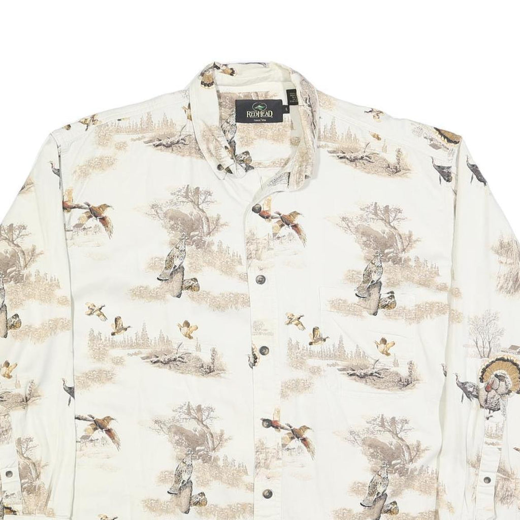 RED HEAD Mens White Beige Hunting Print Shirt L Cotton Blend Long Sleeve Casual