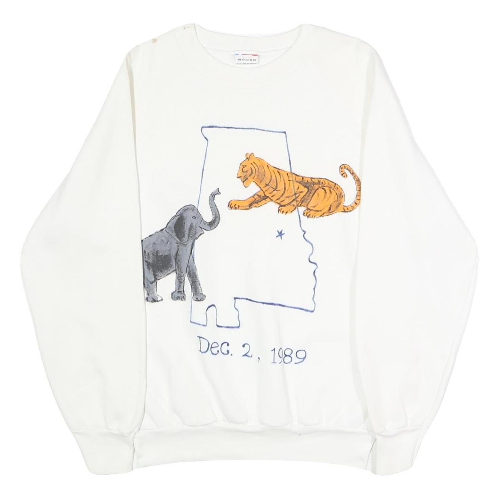 FRUIT OF THE LOOM Mens White Elephant & Tiger Graphic Crew Neck M Cotton