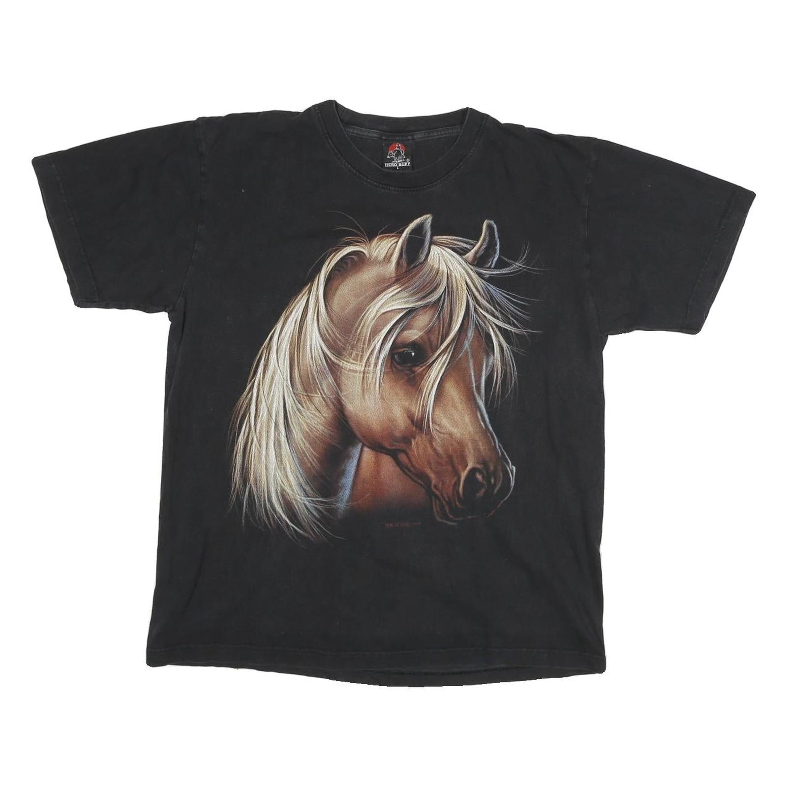 HERO BUFF Mens Black Horse Graphic T-Shirt L Short Sleeve Crew Neck Cotton Blend