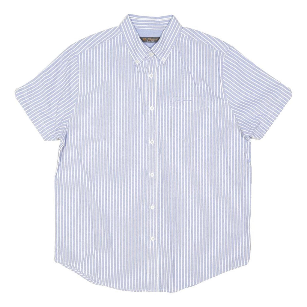 BEN SHERMAN Mens Blue & White Striped Shirt M Cotton Blend Casual Short Sleeve