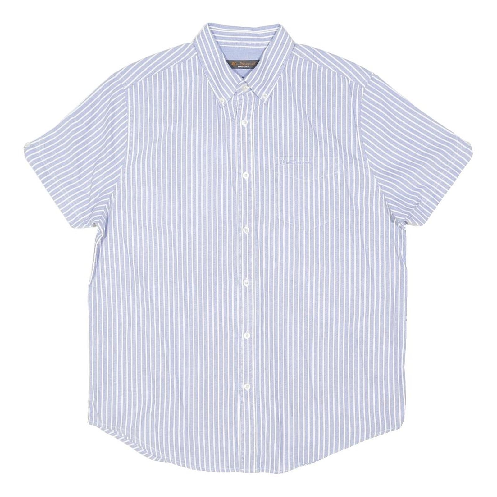 BEN SHERMAN Mens Blue & White Striped Shirt M Cotton Blend Casual Short Sleeve