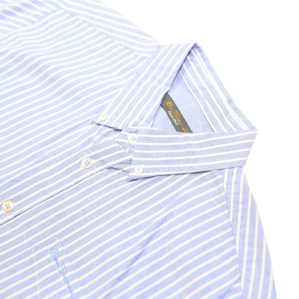 BEN SHERMAN Mens Blue & White Striped Shirt M Cotton Blend Casual Short Sleeve
