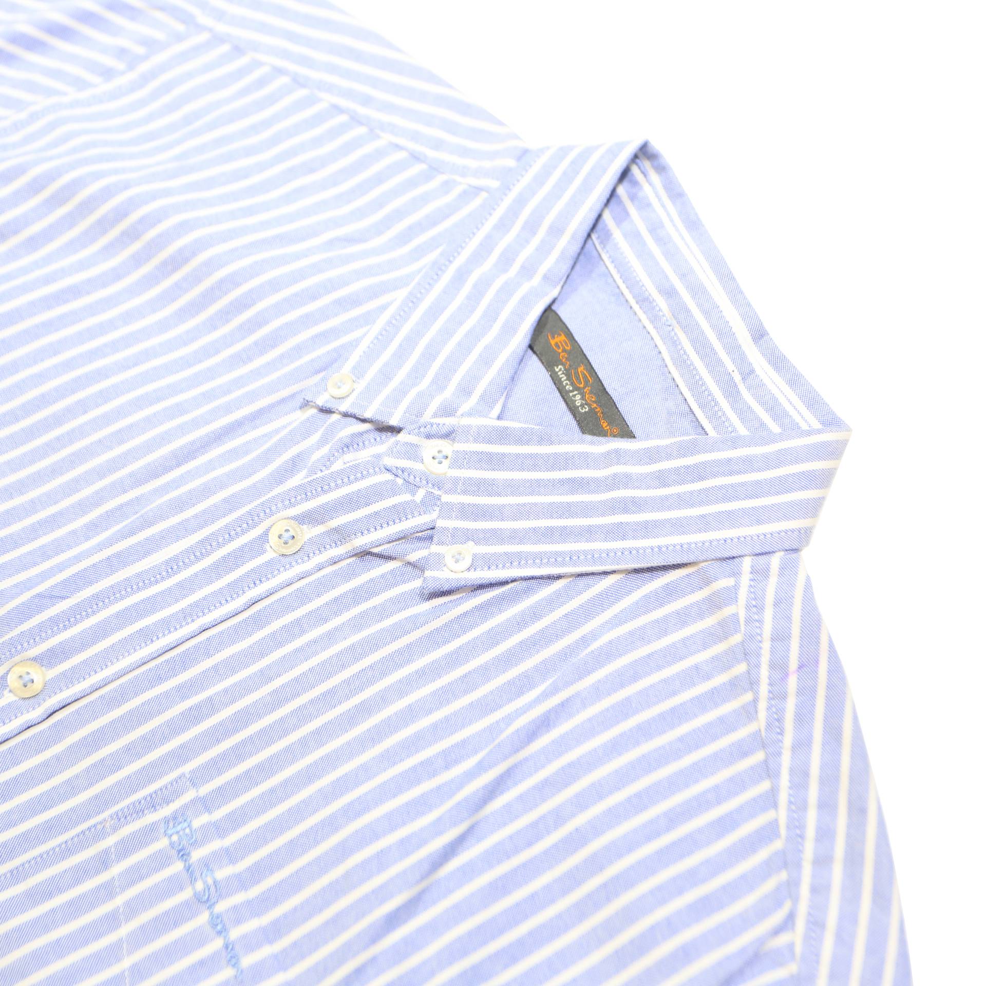 BEN SHERMAN Mens Blue & White Striped Shirt M Cotton Blend Casual Short Sleeve