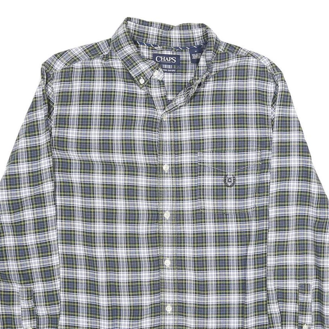 CHAPS Mens Green & White Check Shirt M Cotton Classic Long Sleeve Button Collar