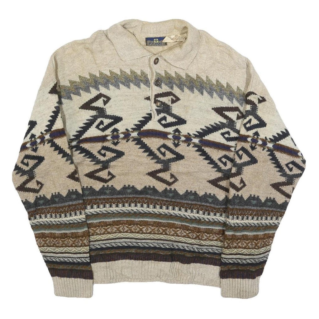 FIUME Mens Beige Brown Patterned Wool Blend Polo Jumper M Pullover Chunky Knit