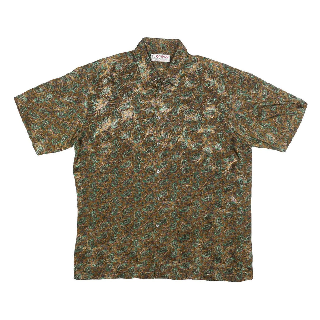 OMEGA Mens Brown Green Paisley Silk Shirt L Button Short Sleeve Summer