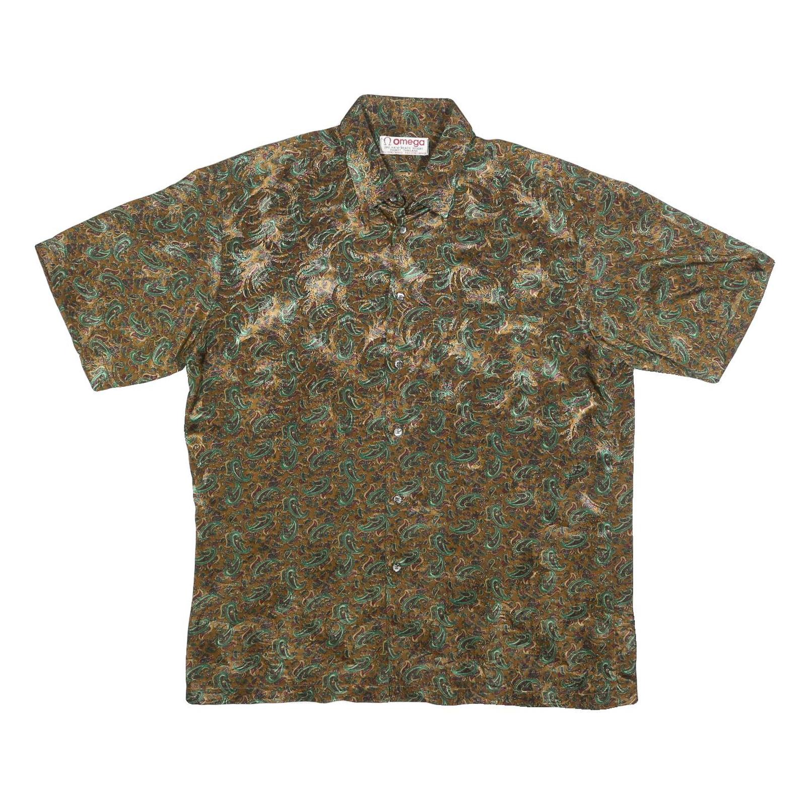 OMEGA Mens Brown Green Paisley Silk Shirt L Button Short Sleeve Summer