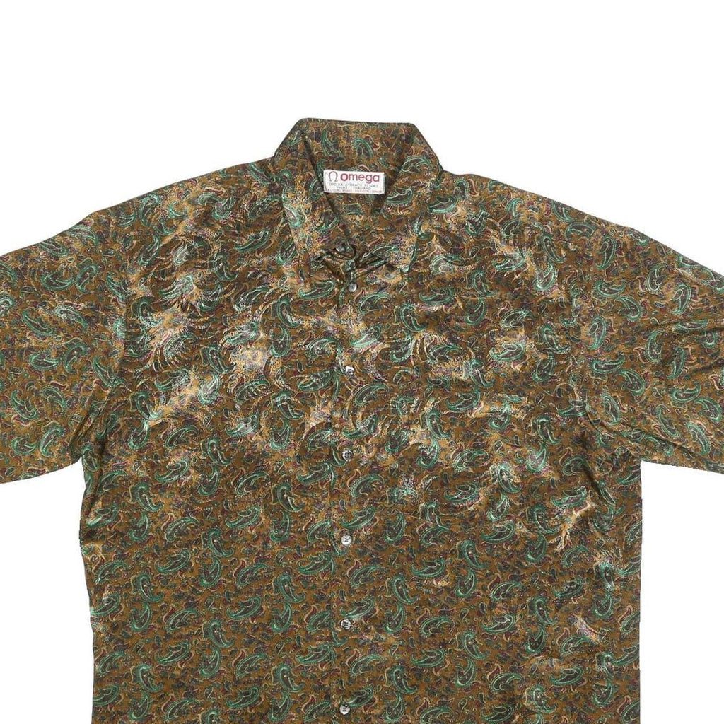 OMEGA Mens Brown Green Paisley Silk Shirt L Button Short Sleeve Summer