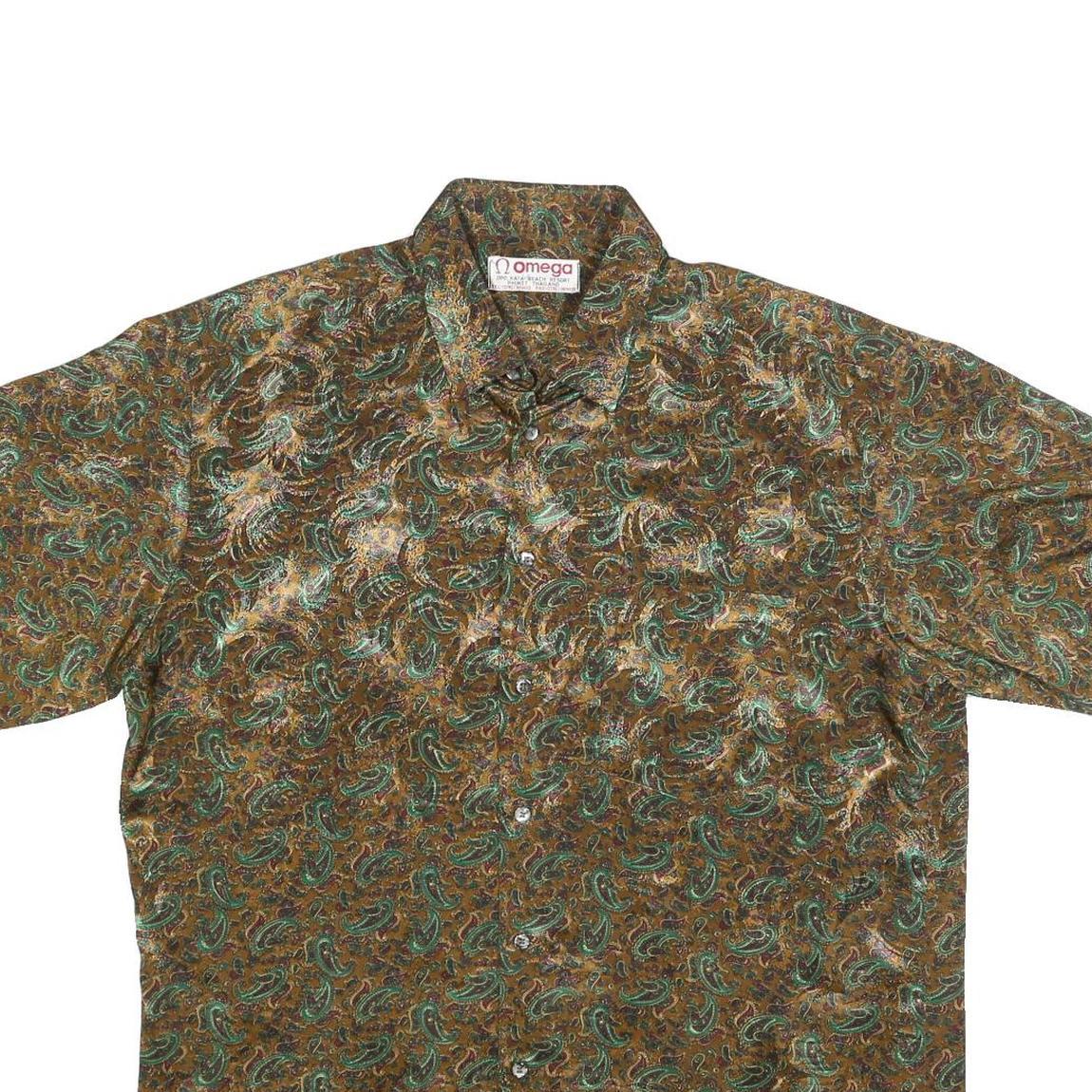 OMEGA Mens Brown Green Paisley Silk Shirt L Button Short Sleeve Summer