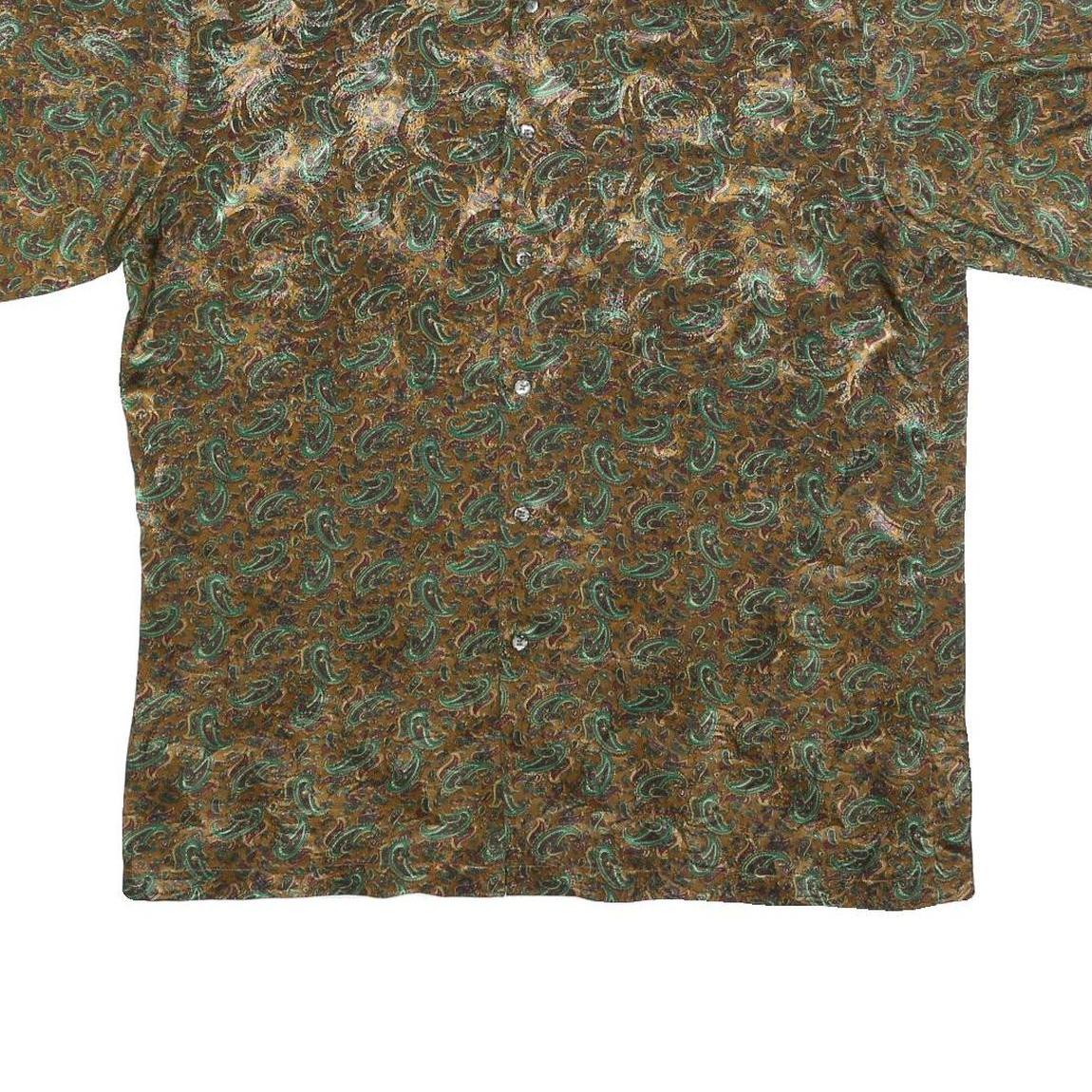 OMEGA Mens Brown Green Paisley Silk Shirt L Button Short Sleeve Summer