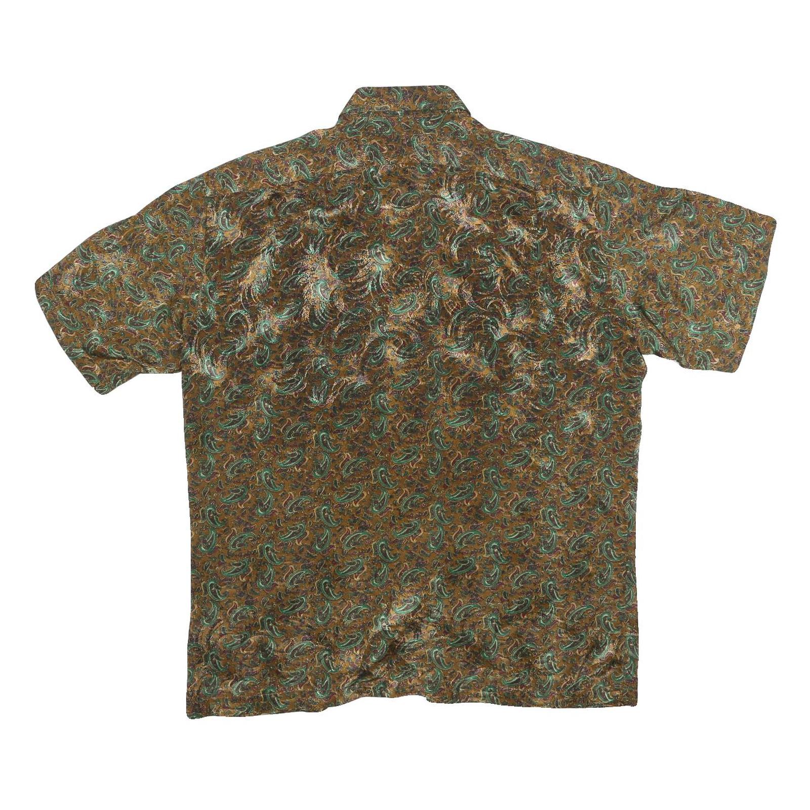 OMEGA Mens Brown Green Paisley Silk Shirt L Button Short Sleeve Summer