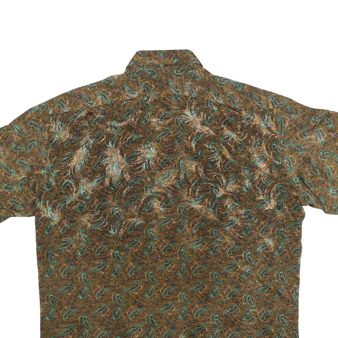 OMEGA Mens Brown Green Paisley Silk Shirt L Button Short Sleeve Summer