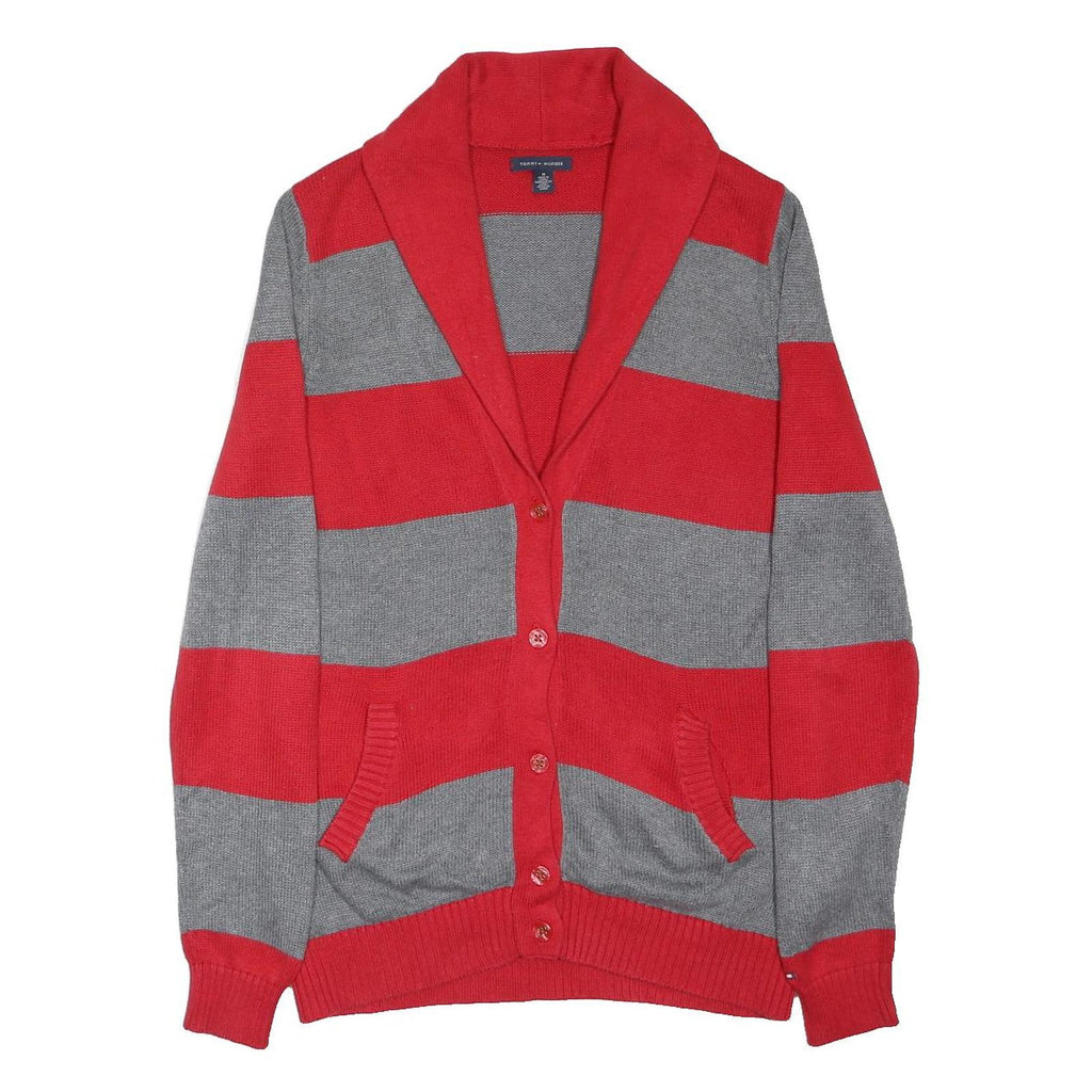 TOMMY HILFIGER Mens Red & Grey Patterned Jumper Shawl Collar Cable Knit M Button