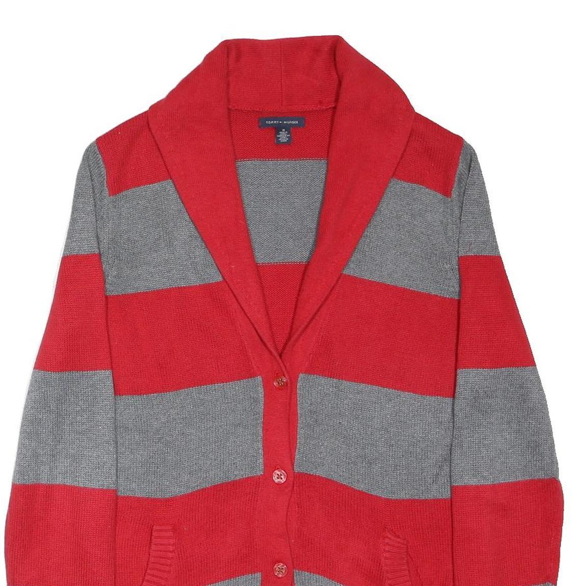 TOMMY HILFIGER Mens Red & Grey Patterned Jumper Shawl Collar Cable Knit M Button