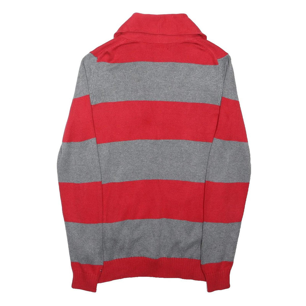 TOMMY HILFIGER Mens Red & Grey Patterned Jumper Shawl Collar Cable Knit M Button