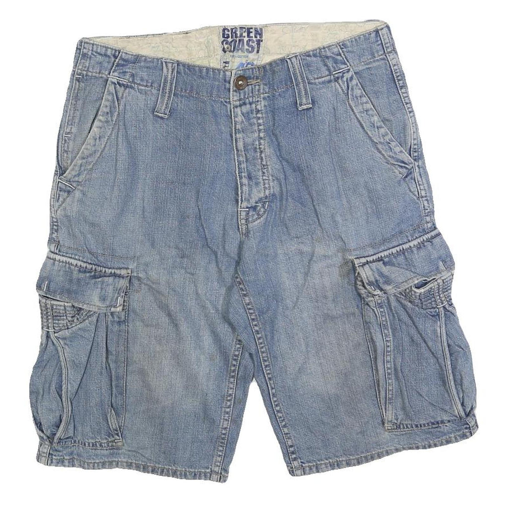 GREEN COAST Mens Denim Blue Cargo Shorts M W32 Lightweight Cotton Blend