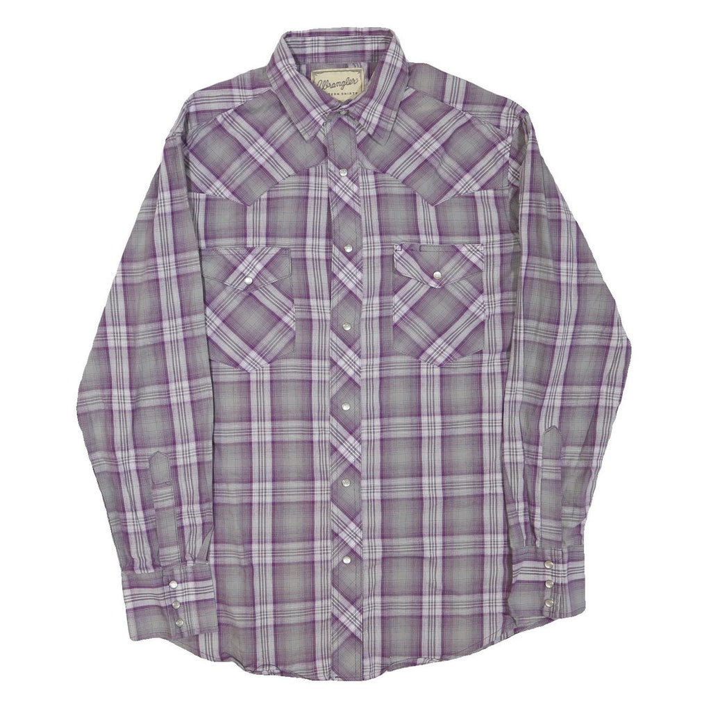 WRANGLER Mens Purple & Grey Plaid Cotton Blend Shirt M Western Button Long