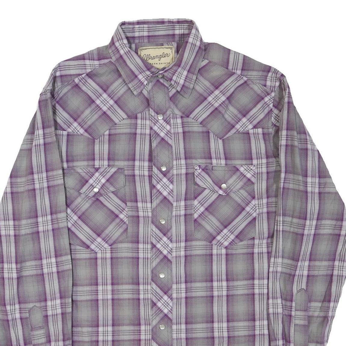WRANGLER Mens Purple & Grey Plaid Cotton Blend Shirt M Western Button Long