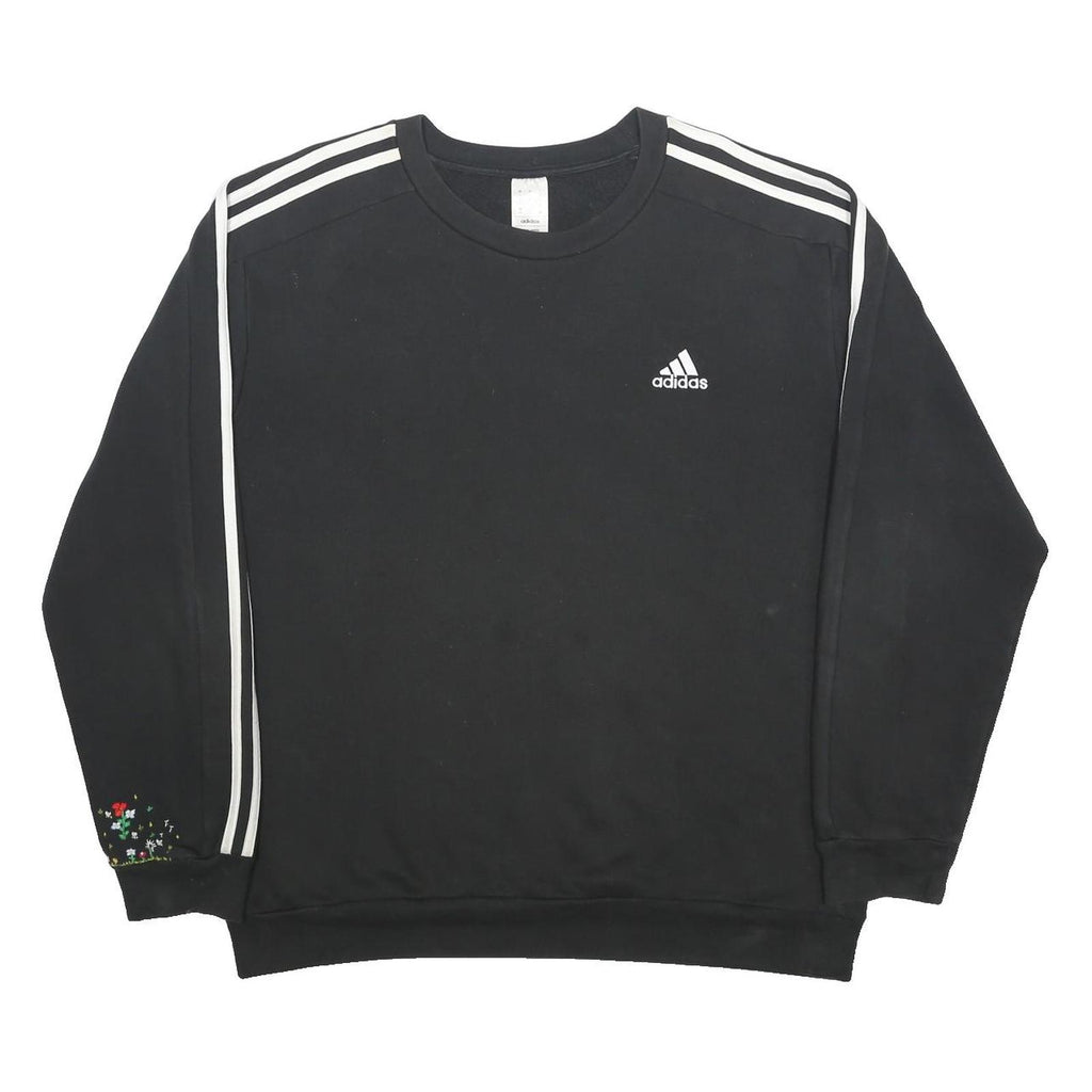 ADIDAS Womens Black & White Crew Neck L Sweatshirt Three Stripe Floral Detail