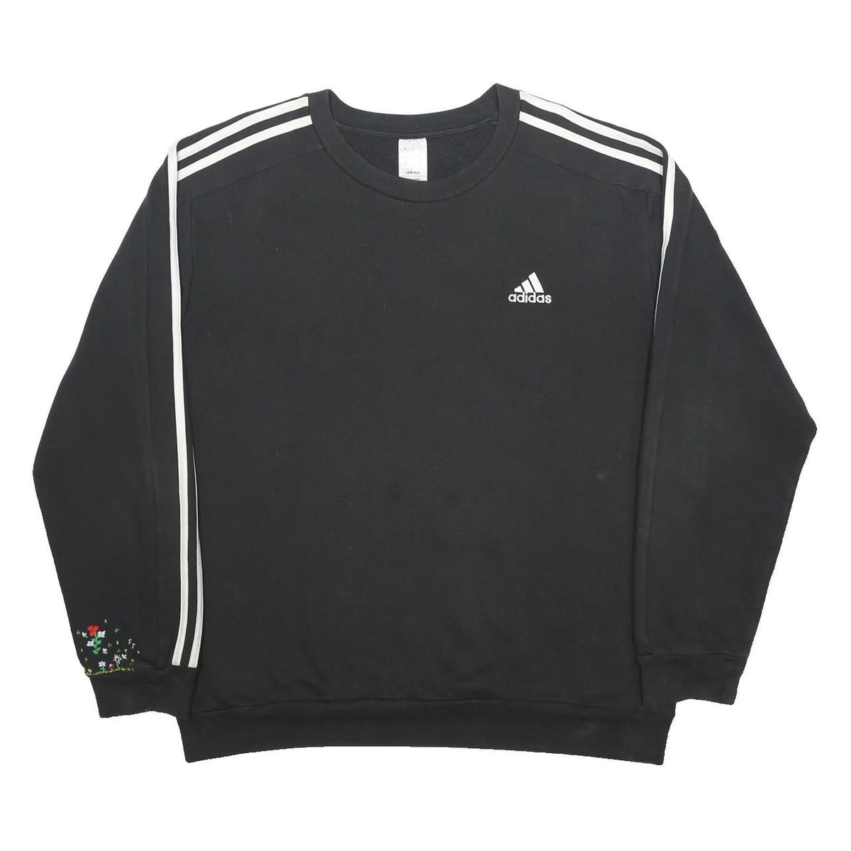 ADIDAS Womens Black & White Crew Neck L Sweatshirt Three Stripe Floral Detail
