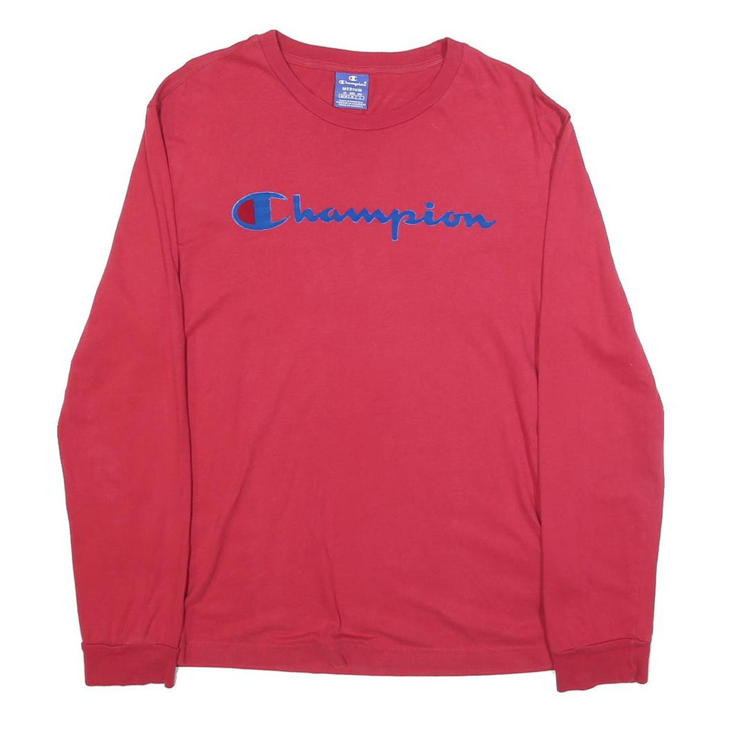 CHAMPION Mens Red Blue Script Logo Long Sleeve Crew Neck T-Shirt M Cotton Blend