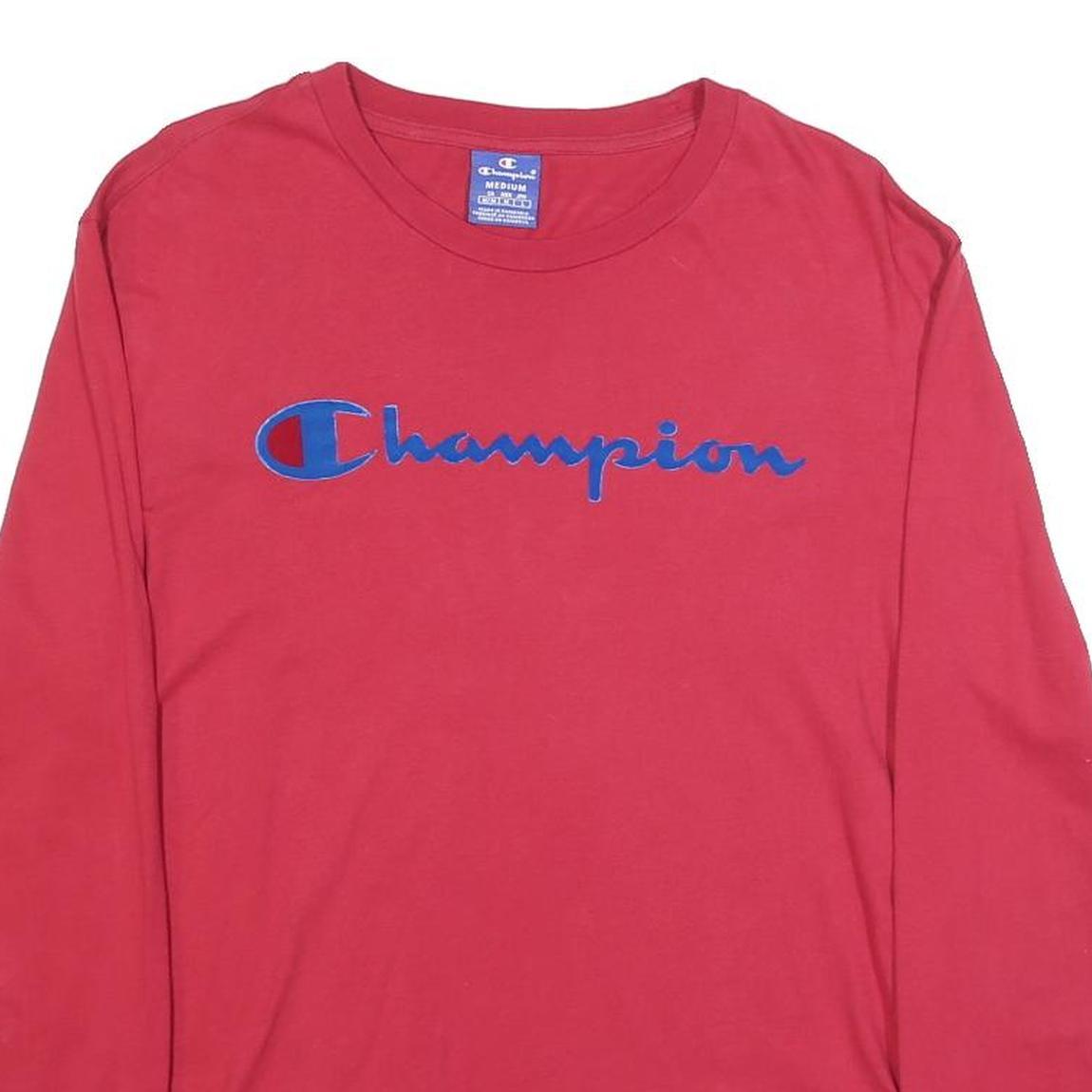 CHAMPION Mens Red Blue Script Logo Long Sleeve Crew Neck T-Shirt M Cotton Blend